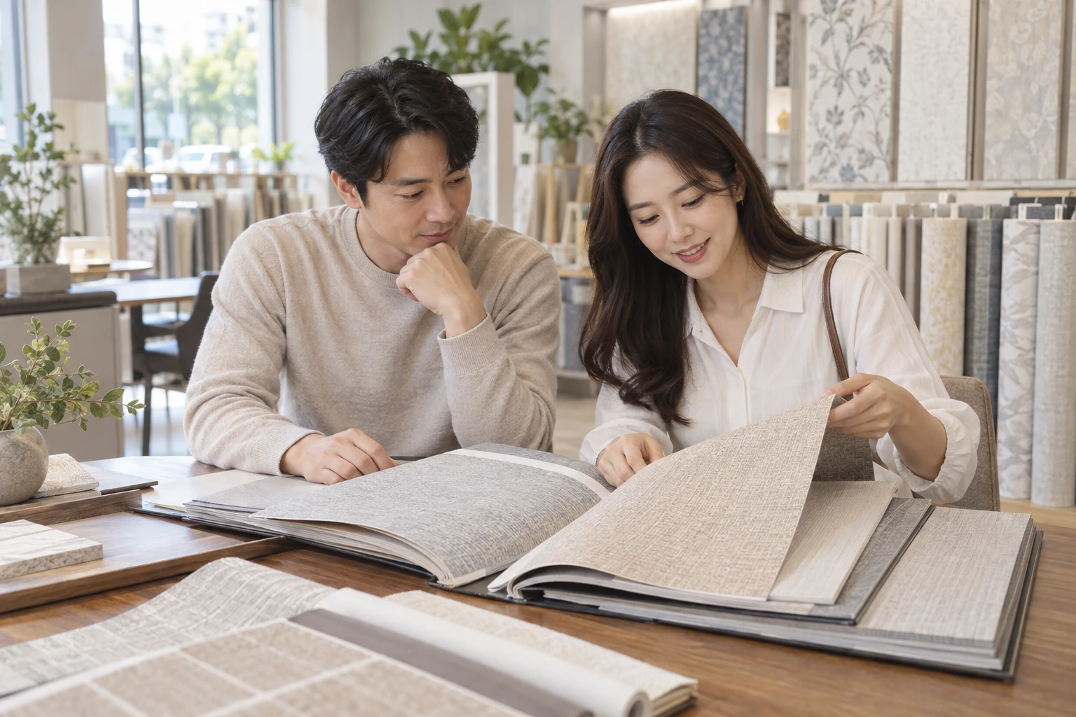 도배 시공 상담 중인 전문 기사와 고객