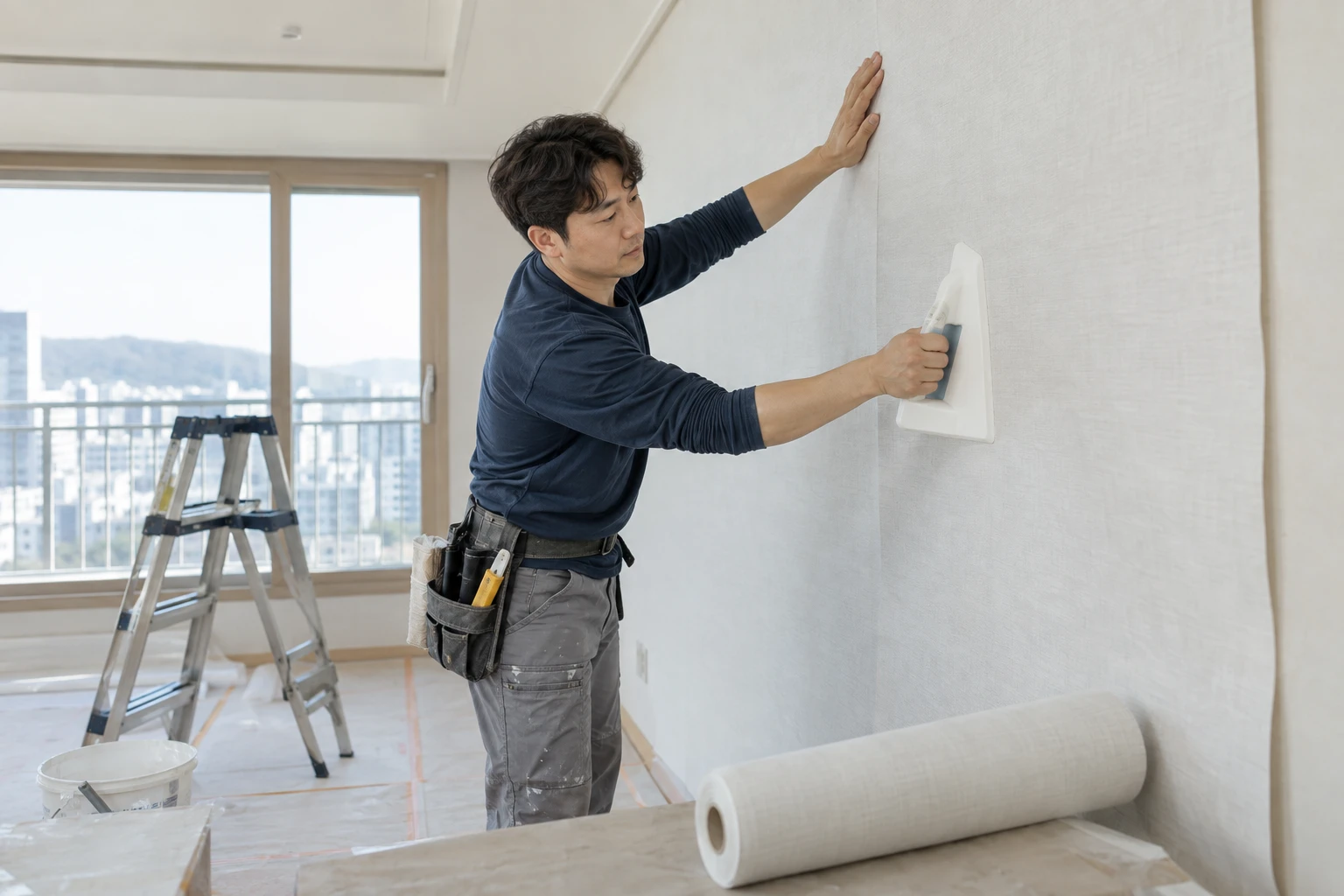 벽지 시공 도구와 중립 톤 벽지 롤